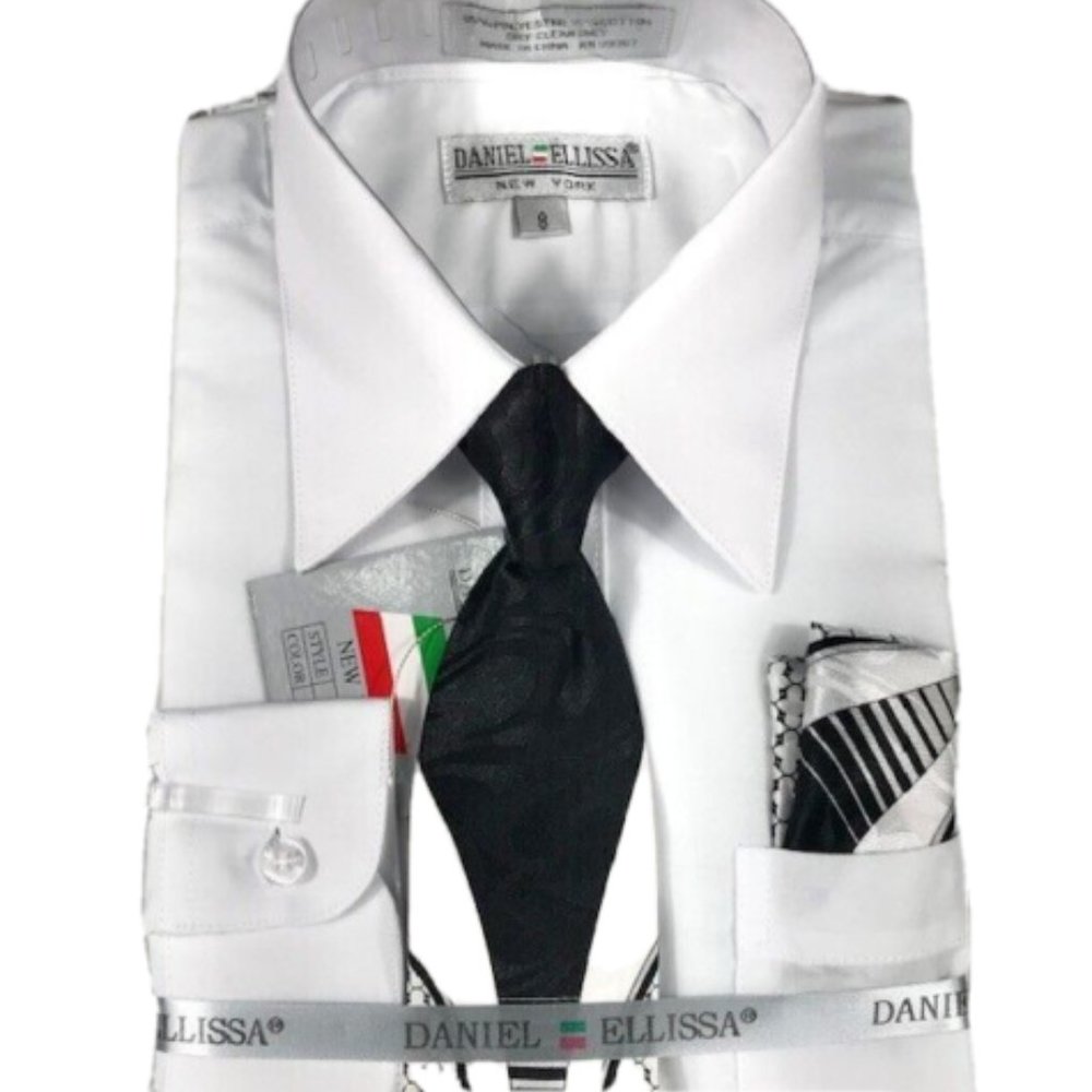 Daniel Ellissa Boys' White Dress Shirt Black White Silver Tie Hanky Sizes 8-10